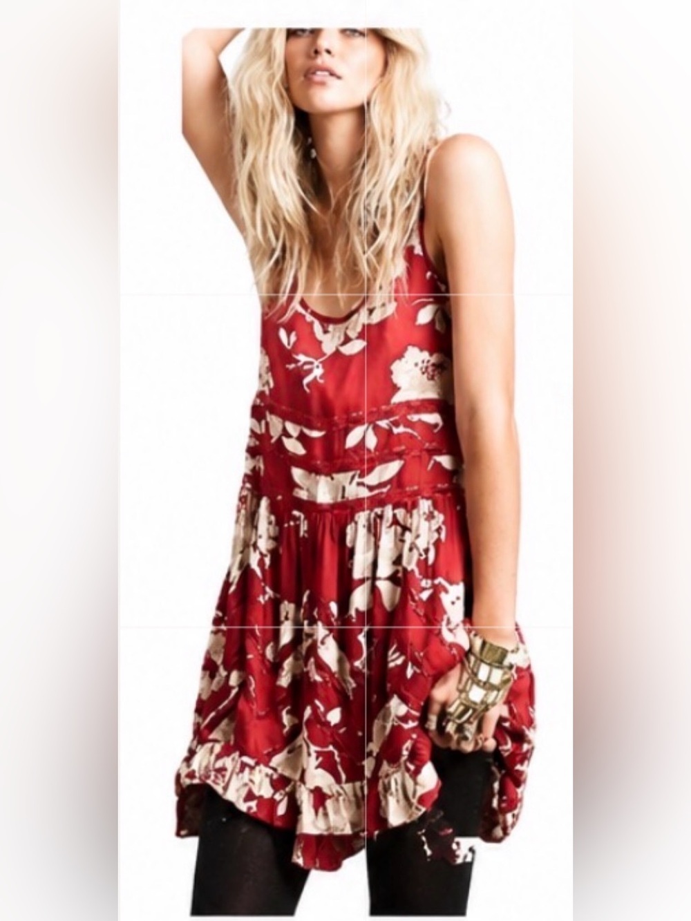 Free People Adella Floral Mini Dress XS Red Boho Empire Waist Sleeveless Ruffle